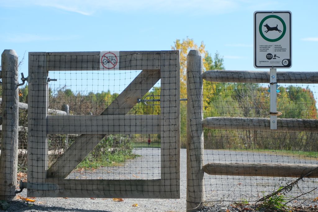 Rustic wooden gate with no cycling sign, scenic park background in autumn.